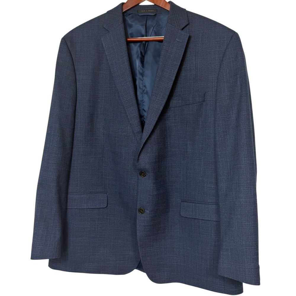 Chaps Mens Navy Blue Plaid Two Button Blazer Jacket 48L Stretch